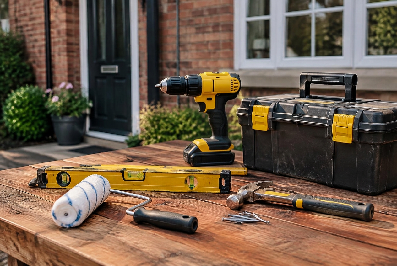 Unbranded maintenance tools arranged on a workbench outside a brick home