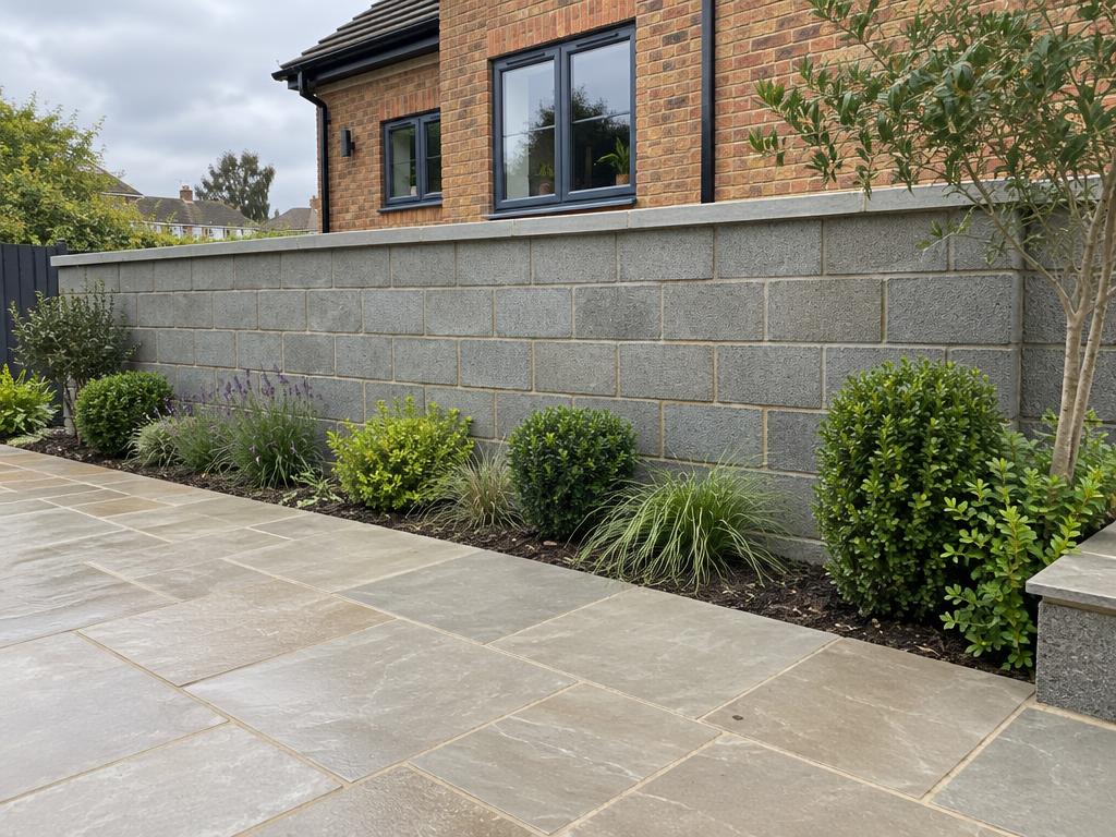 Newly built block work garden wall with capping stones beside freshly laid patio slabs and a planted border