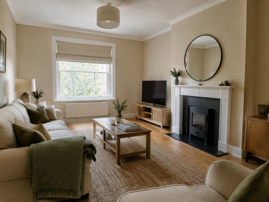 Freshly painted and decorated living room with crisp white woodwork